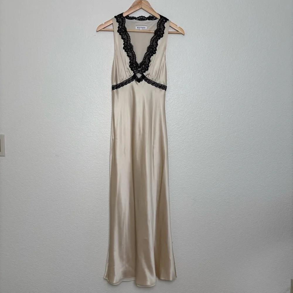 Reformation Alicyn Lace Trim Satin Slip Dress Ivory Cream Silk Size 0 - Picture 6 of 10